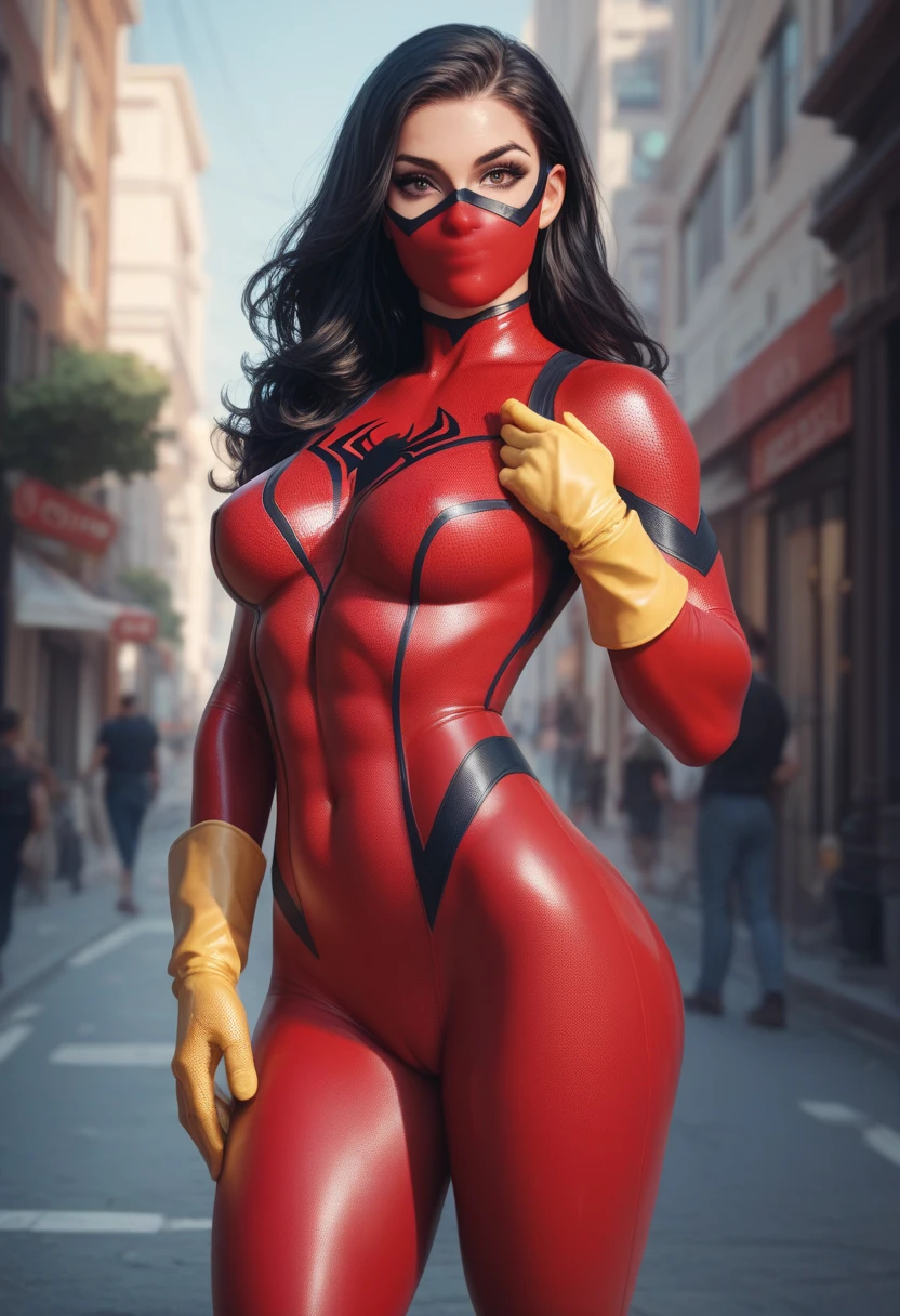 Obra maestra, La mejor calidad:1.2), ((muscular:1.5)) ((hembra:1.5)),tetona,curva, ((mujer)), sexy, Grande_Tetas,(Pintura digital: 1.4), Una hermosa mujer con un disfraz de Spider-Woman, Frente al espectador, De pie en un edificio, Antecedentes urbanos, La mejor obra maestra, Muy alto detalle, realista, 8k,