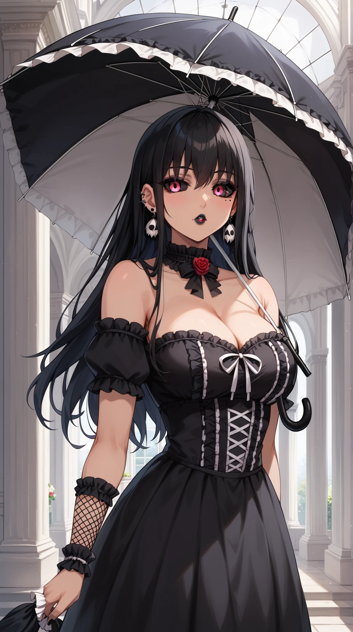 Rivertsukatsuki, River, black hair, (red eyes:1.5), hair ornament, hairclip, Halation, long hair,
、Extremely large breasts(7200)、、I can see your chest、Nipples are visible、Off-the-shoulder maid uniform、Black frill mini dress、Front facing、