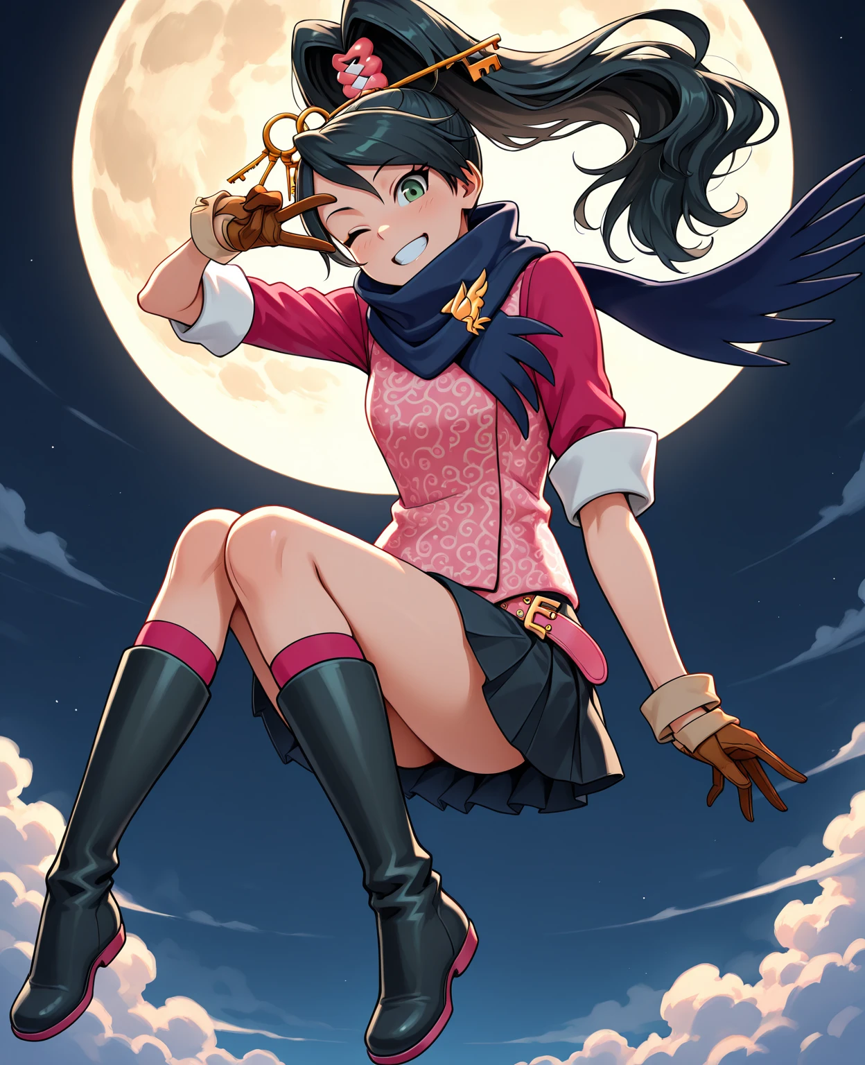 masterpiece, best quality, full body, solo, 1girl, kay faraday, grin, looking at viewer, floating, midair, bent knees, v over eye, long hair, black hair, floating hair, high ponytail, hair ornament, key, green eyes, one eye closed, pink shirt, sleeves rolled up, brown gloves, black skirt, pleated skirt, miniskirt, pink socks, kneehighs, black footwear, boots, blue scarf, night, cloud, full moon
