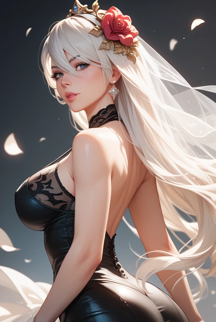 realistic, 1girl, white hair, purple eyes, glowing eyes, crop top, skirt, parted lips, blush, night, flowers, sun, sunlight,