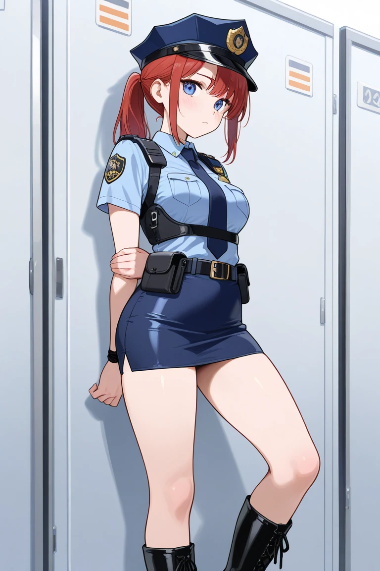 There is a woman in a police uniform, official, police official, (Yoshida Yuuko), sad police, Attire: cop, redhead woman, yoshida yuuko wearing a police uniform, high resolution commission, sheriff woman, Lois van Baarle y Rossdraws, bottomless, leotard blue, bare legs, sitting on a chair, (((his hands are behind his body)),((The whole body is tightly bound.)) in jail,