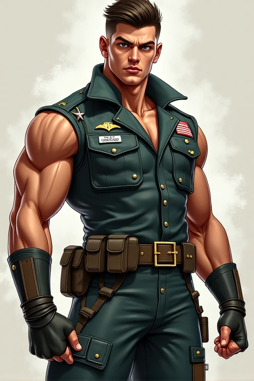 Movie poster, character design (Resident Evil - Chris Redfield, Chris Redfield) wearing a milky white combat uniform, standing alone in the ruins of the apocalypse, with a sad expression, muscular male hero, heroic male pose, tall and burly, muscular! Wearing sunglasses, sexy charming muscular leg muscles, tall burly, creamy white combat suit, super gain and cool, high resolution committee, cream white combat boots, attractive strong man, blazing sun on the body, sweat soaked clothes