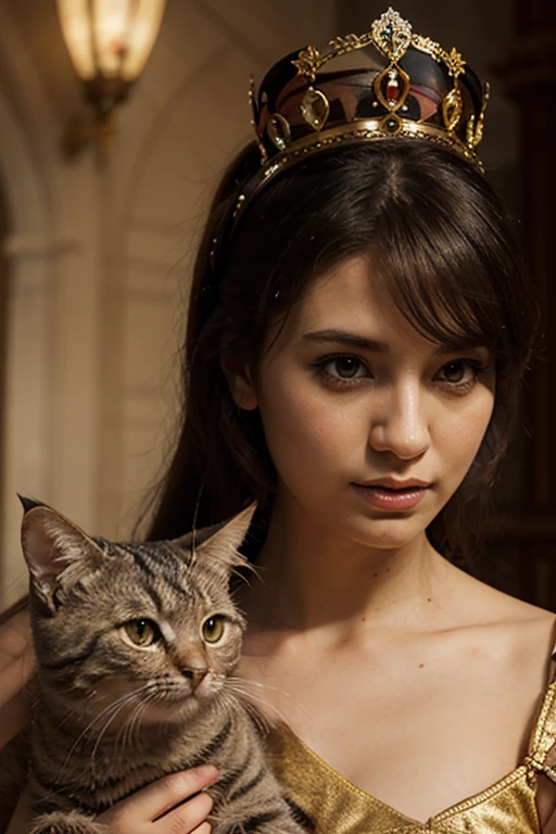 (​masterpiece, best quality:1.5), highest quality, High resolution, super detailed, Realists, Upper body photo of a brunette sorceress, detailed and beautiful eyes, beautiful detailed lips, very detailed eyes and face, longeyelashes, shiny satin dress, Holds a wand in his hand and performs a transformation spell. Beautiful and colorful makeup, elegant and noble々The jewelry bag, Gardens as background, soft daylight, bright colors, fine brushstrokes, Portrait style, Silk dress fabric, beautiful color palette, glowing skin, First-class rendering, that captures every detail, enchanting atmosphere, subtle shadows and lights, (perfect ???????:1.2), (The stunning sorceress turns a cat into a princess (eine Transformation):1.4), (magnificent panorama view:1.2)