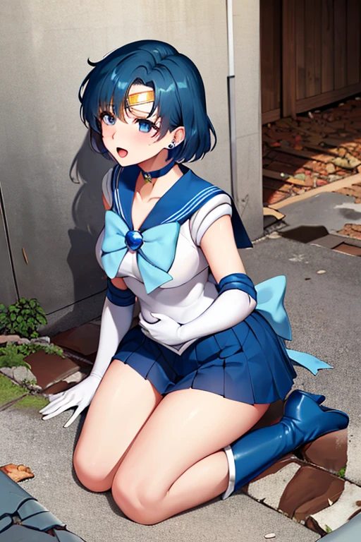 Sailor Mercury Transformation heroine of justice Patent leather white leotard Patent blue boots Wrinkled boots Enamel White Gloves Patent blue mini skirt A clean image Gold decoration Exquisitely decorated costume justice ponytail Semi-long hair hair ornaments A smile of embarrassment Squint your eyes Jockey Boots Push out your hips Spread your legs Poop sitting Full body paint Put your hands on your crotch Armpits are visible Knee-length long boots barefoot The body is covered in . Open your legs Bend your knees Peeing White liquid overflowing from between her legs Sweaty Leotard is wet and skin is visible Soaking in the swamp Soaking wet