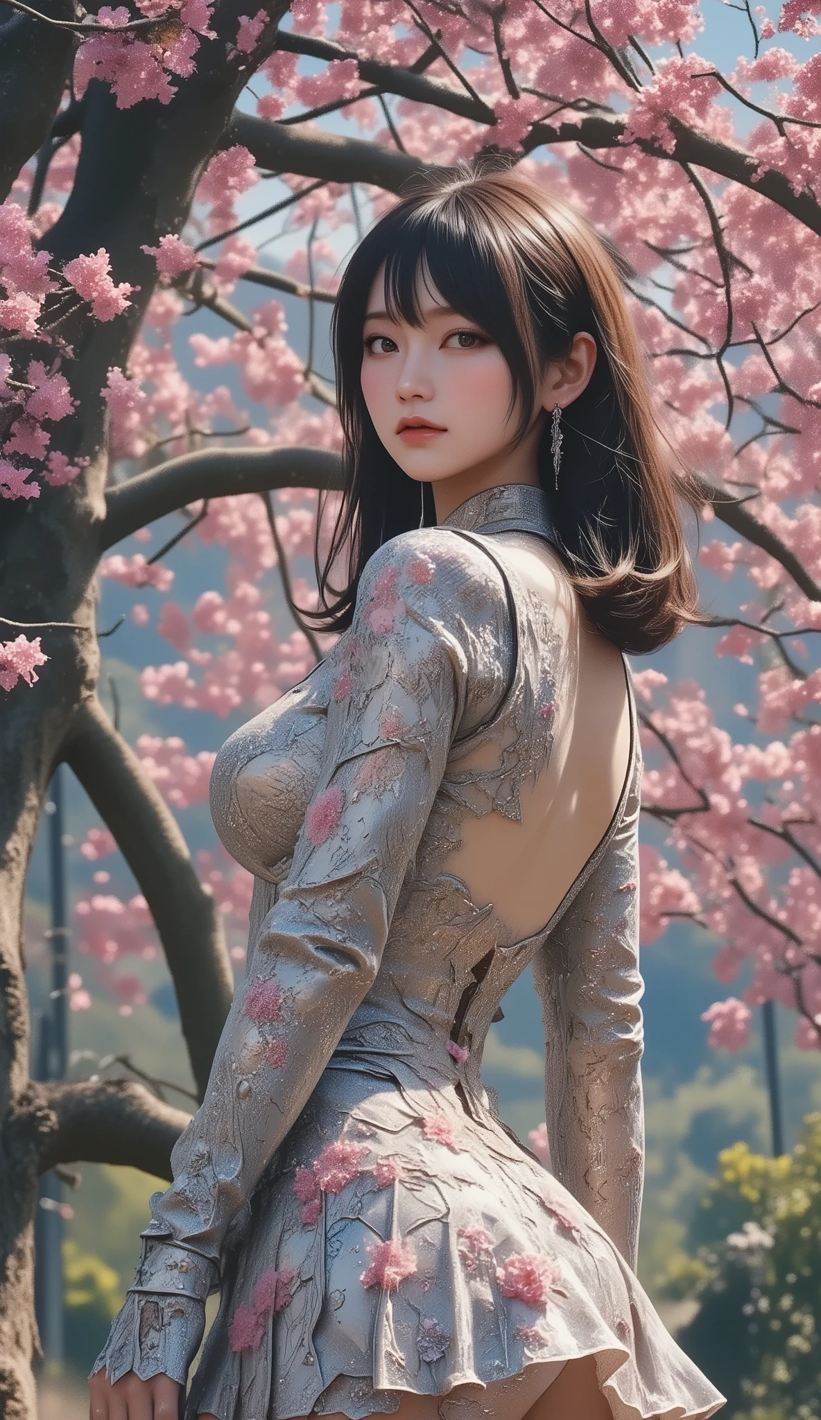 &Quotes;((Best Quality)), ((masterpiece)), Highest quality), (((masterpiece)))、((Highest quality))、(very detailed)、(CG illustration)、(so beautiful ))、 Cinematic Light 、(((mid night, moon night:1.9))), sakura, Cherry blossom trees, ((( 1 mechanical girl under 桜並木:1.9)))、 SF、Apocalypse、Erotic and grotesque、graduate School(Beautiful and luxurious:1.2)、(1 girl:1.3)、face the front, Full Body Shot , ((big breasts:1.2), (Big Breasts:1.2), (raised and crisp bust:1.2), (lifts the chest:1.2), (Perky breasts :1.2), (Deep cleavage :1.4), ( double breasted,Underbust:1.2), button gap with,((( CORSET BELTS ))),(((high waist skirt,))), (fox ears girl:1.7)),