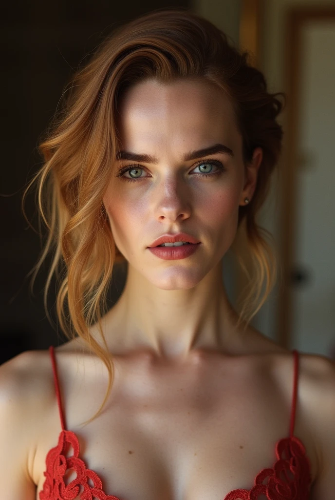 (Thirty year old) woman, Kylie Minogue, wearing a (red silk chemise::1.2), beautiful legs, looking straight at camera, flirty, (detailed skin texture::1.2), ((square jaw)), (well defined jaw), (downturned lips), (detailed anatomy), romantic bedroom, king sized bed, Intricate, 8k, highly detailed, (extremely detailed CG unity 8k wallpaper), Hyperrealistic, trending on CGSociety, Intricate, High Detail, Soft focus, dramatic, warm red light, lens flares, light bloom, digital painting, intense, modelshoot style, (extremely detailed CG unity 8k wallpaper), full shot body photo of the most beautiful artwork in the world, pearl skin, trending on ArtStation, photorealistic painting art by midjourney