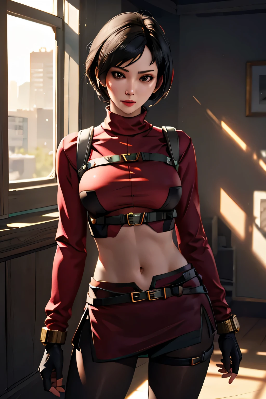 masterpiece, best quality, Ray tracing, hdr, volumetric lighting,
ada wong, black eyes,
red sweater, turtleneck, harness, pantyhose, black gloves, belt,