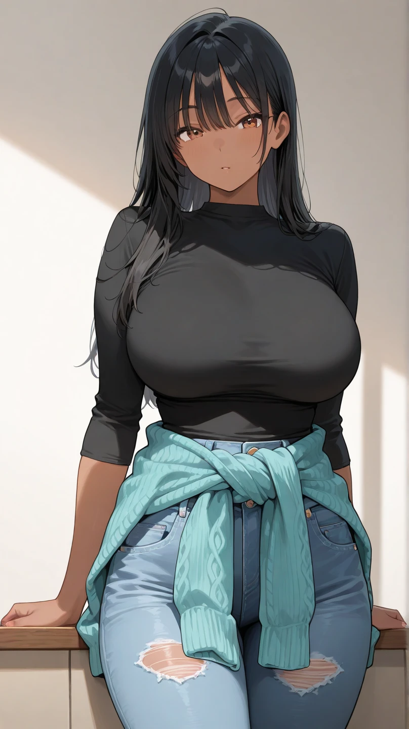 ((1girl)) dark skin black hair very long hair grey eyes large breasts long sweater midriff close up highly detailed eyes seductive expression