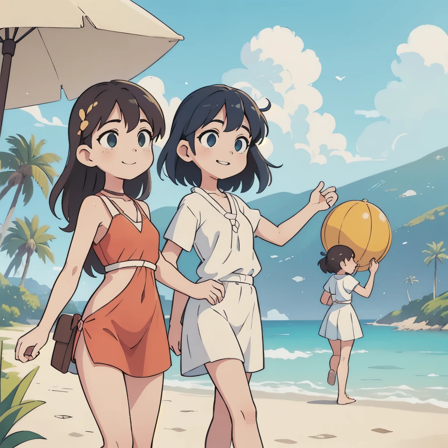 Three girls walk near the beach, in back ground other people3 young women walking along the beach, other people visible in the background, serene coastal landscape, golden hour lighting, soft ocean breeze, warm summer day, detailed facial features, relaxed casual poses, photorealistic, 8K, highly detailed, professional photography, natural lighting, HDR, vivid colors, cinematic atmosphere, A serene scene unfolds: a clear blue sky serves as the canvas for a vibrant display of hot air balloons, their colorful envelopes drifting lazily across the horizon. The gentle morning sunlight casts a warm glow, illuminating the delicate wisps of smoke trailing from the burners. Against this idyllic backdrop, the majestic shapes of the balloons seem to dance in harmony.
