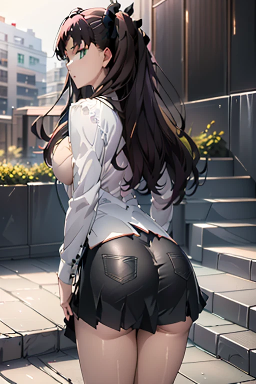 ((table top, highest quality, High resolution, perfect pixel,  4K)), 1 girl, single, alone, beautiful woman、I could see the whole body、 ((middle wavy hair, bangs, brown hair)), ((brown eyes, beautiful eyelashes, realistic eyes)), ((detailed face, blush:1.2)), ((smooth texture:0.75, realistic texture:0.65, realistic:1.1, Anime CG style)), big breasts, dynamic angle, perfect body, ((red bow tie, school uniform, black jacket, open jacket, Sheer white shirt, black skirt, plaid skirt)), City staircase、Angle looking up from the bottom of the stairs、Very embarrassing panic smile, looked back、leaning forward、((The wind flipped my skirt and exposed my butt.、Touching the buttocks with both hands、no panties))、(((cum in pussy、semen)))