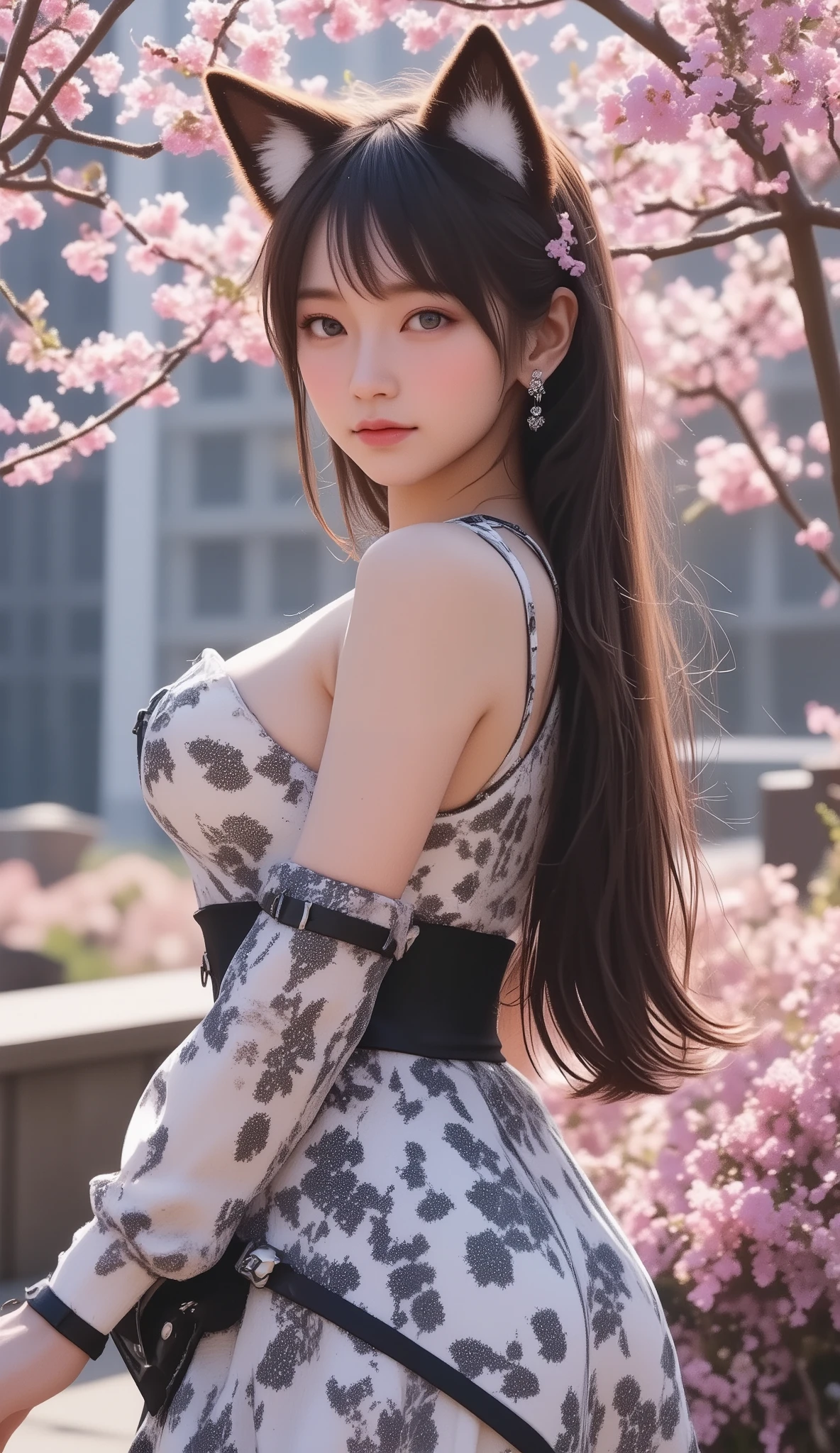 ((((Highest quality))))、(((Ultra-precision CG16K wallpaper)))、(((masterpiece)))、(((Super detailed)))、(((Extreme detail)))、((1Mature 29 year old woman:1.6))、((Very beautiful Japan face of a person))、((Urizane Face:1.8))、((Soft wavy ponytail medium hair:1.6))、(Shiny Hair)、A delicately drawn beautiful face、(Dark Eyes、Detailed pupil and iris、Reflected light from the eye)、double eyelid、High nose、Small nostrils、Small Mouth、Seductive lips、Beautiful breasts、((B cup size breasts))、Cleavage、Delicate nails、Beautiful feet、Thin thighs、eight-headed body、Perfect proportions、Perfect Anatomy、Perfect composition、Beautiful detailed shading、Beautiful, natural lighting、Beautiful detail glow、Depth of written boundary、(((High chroma)))、(((Real:1.9)))、((vivid:1.5))、((Beautiful Skin))、((Skin Texture))、((Realな皮膚感))、(((Cowboy Shot:1.6)))、(((front view、shoot from front、front low angle:1.6)))、(((smile:1.5)))、(((looking at camera:1.6)))、Bright daylight、Natural light、(((background_Flower Field、Mountain、Sky and Clouds:1.5)))、(Gravure idol standing pose:1.6)、(((Light grey high neck sleeveless lace up mini dress:1.7)))、((Scrunchie Ribbon、Wearing earrings:1.5))、((Lace Stockings Clothed))、