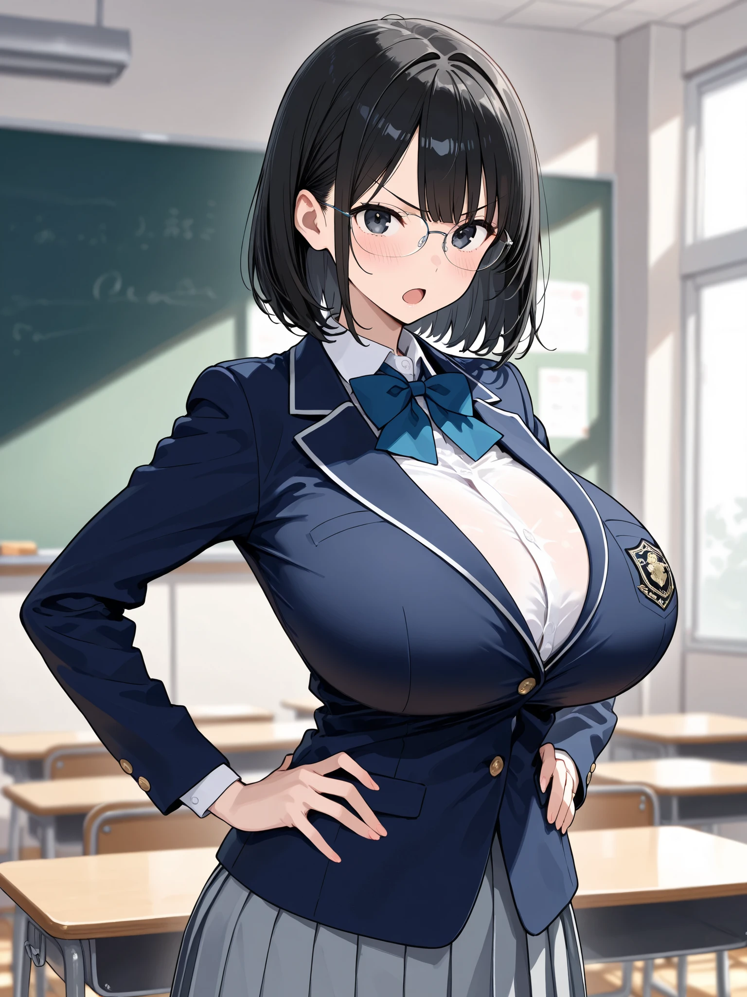(masterpiece, best quality, ultra-detailed, high resolution, detailed eyes), takeda hiromitsu style, (1mature female), voluptuous body, huge breasts, teacher, slant eyes, annoyed, looking away, black hair up, glasses, navy business suit, pencil skirt, standing, teaching class in front of blackboard, embarrassed, love juice