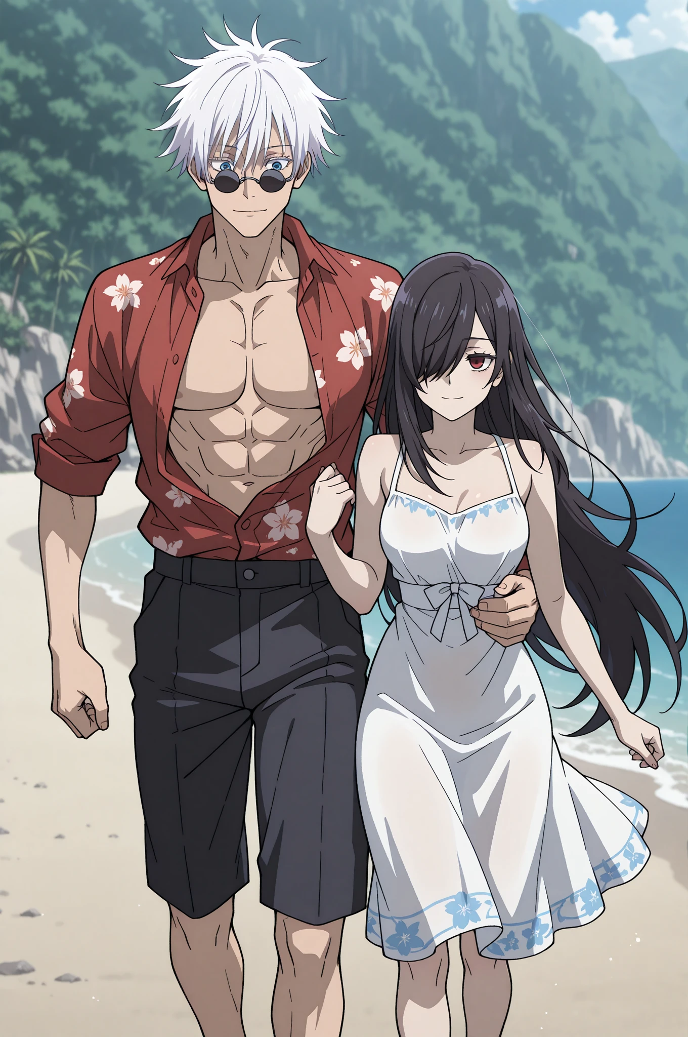 A man, wearing swim shorts, and a swimsuit together with his wife in a luxurious penthouse pool