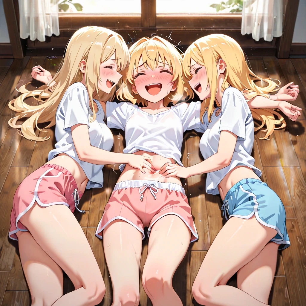 (superflat, flat shading, flat colors:1.1), (locker room), 3girls, , loliittle kid, flat chest, blonde hair, white bra, white panties, hugging from behind, blush, fun, passion, emotional, smile, love, bright sunlight, best shadows,