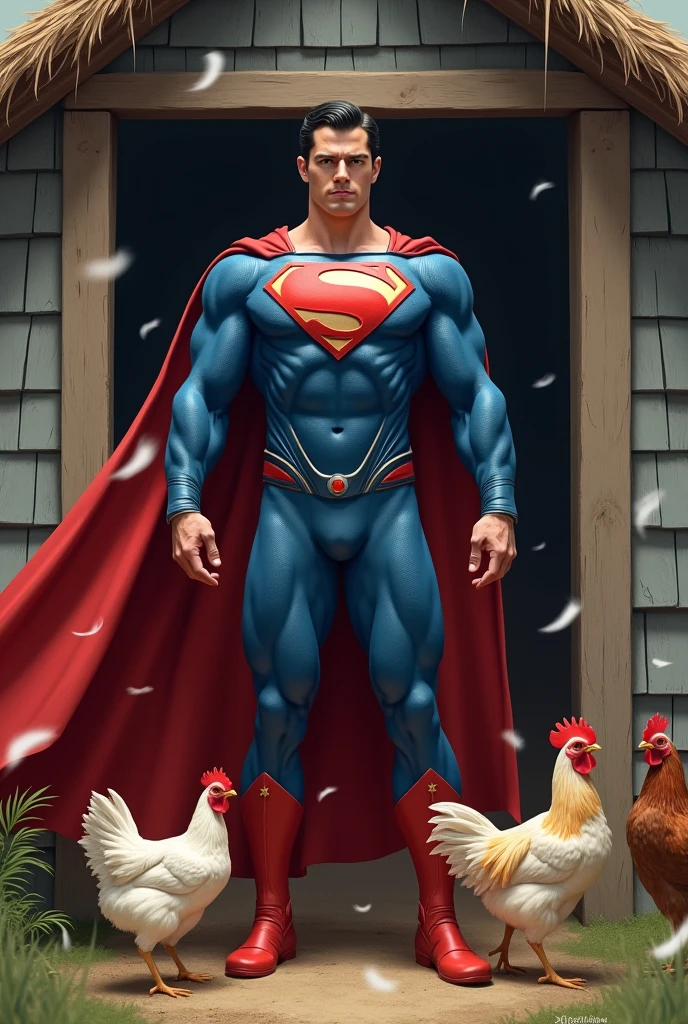 Superman, holding a chicken by the wing.