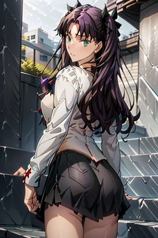 1girl, solo, masterpiece, best quality,
purple ribbon, mahou shoujo madoka magica, akemi homura, homura akemi, purple eyes, tsurime, black hair, long hair, straight hair, hairband, black hairband, magical girl, shirt, white shirt, long sleeves, capelet, purple capelet, small breasts, skirt, purple skirt, miniskirt, pleated skirt, frilled skirt, boots, black footwear, high heels, high heel boots, argyle, argyle legwear,
all fours, looking at viewer, from behind, looking back, ass,
blush, smile, parted lips, profile,
panties under pantyhose, underwear, panties, crotch seam, upskirt,
simple background, white background, heart background, heart, spoken heart