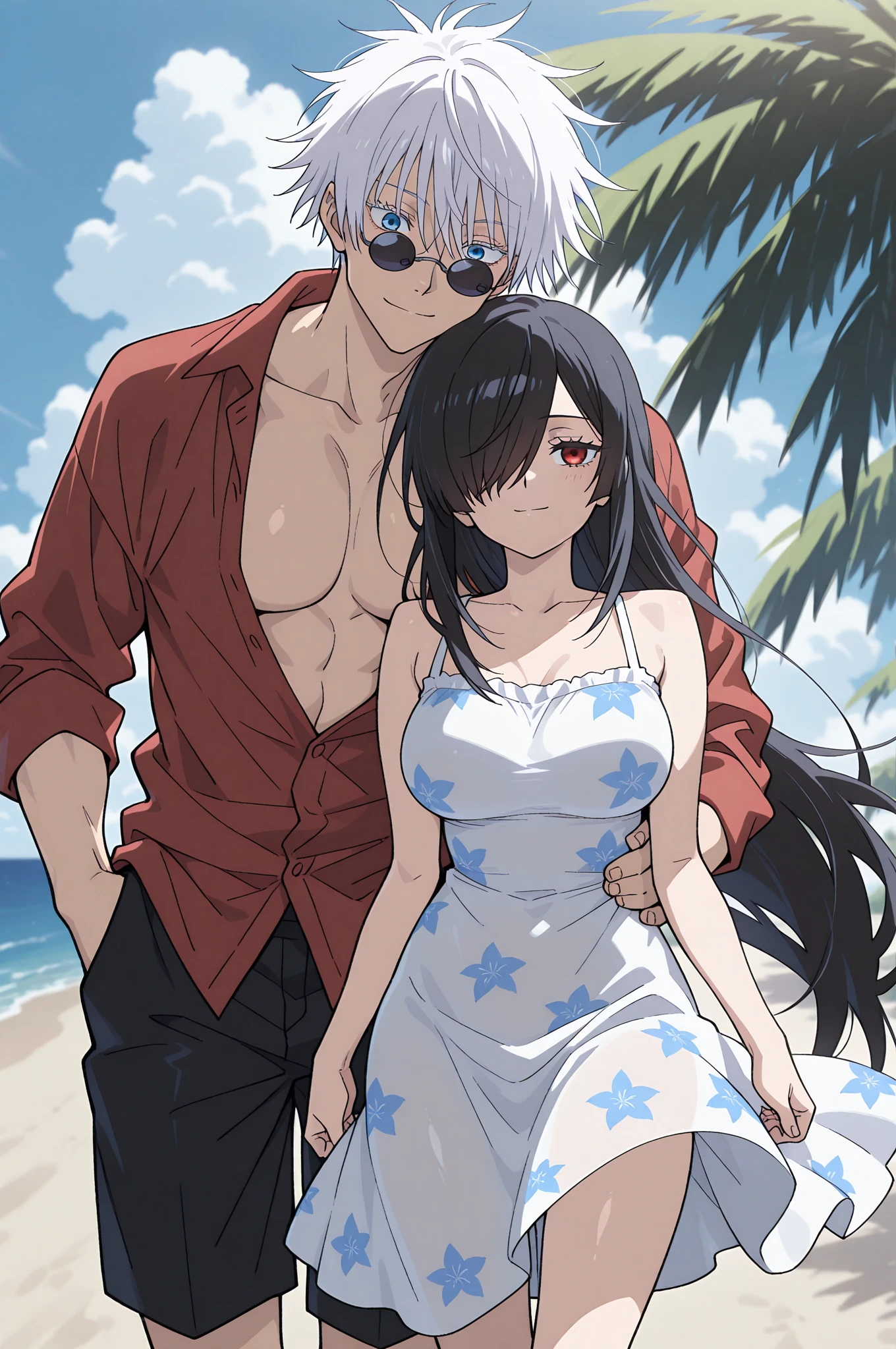 a man in white casual clothes holding the hand of a woman in red clothes in Tokyo at night