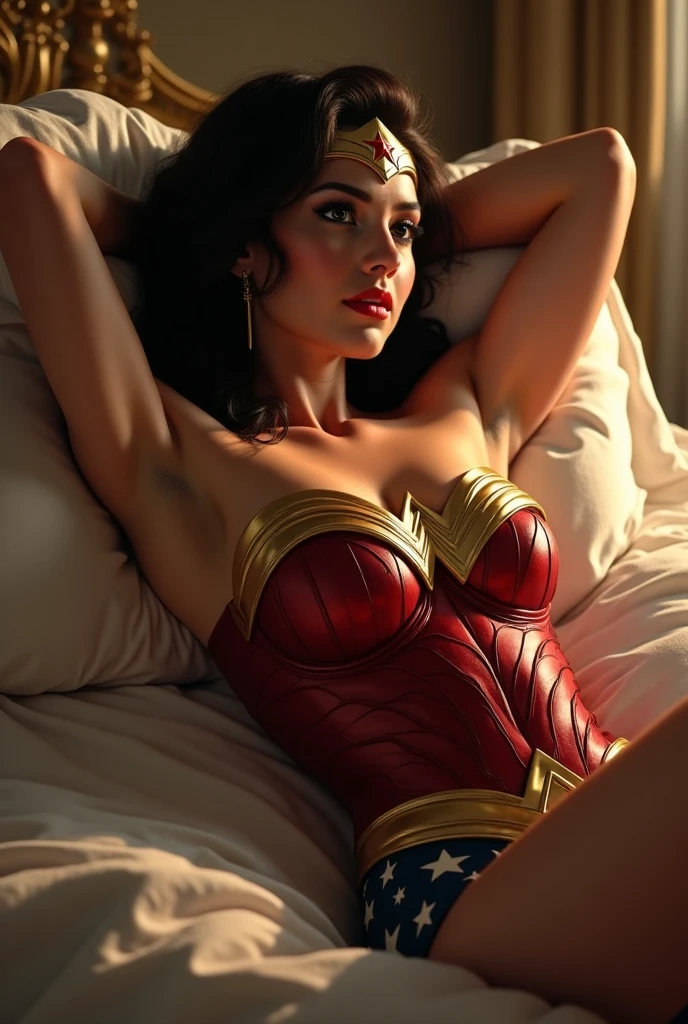 a fit woman in bodysuit, realistic, detailed, hyperrealistic, laying, 1girl, high detailed, 8k, cameltoe,,, wonder woman, gal gadot