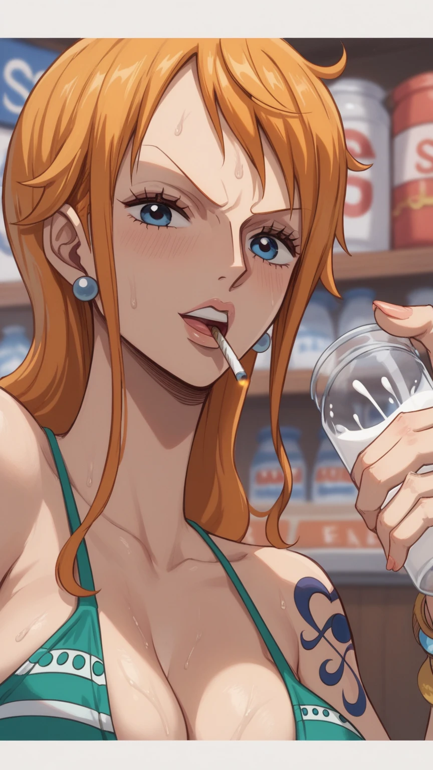 nami d&#39;une seule pièce,very light orange et yellowish haired girl,Beaux yeux marrons, joues rougissantes,dans des nuages dans le ciel souriant au spectateur, Seins,rougir sur la joue avec des cheveux libres . Elle devrait porter un haut court avec un pantalon court.The art style should resemble a captivating anime style. Pour la qualité de l&#39;image, please give priority (best quality, 4k, 8k, High resolution, chef-d&#39;artwork:1.2), Ultra-detailed, et (Realistic, photoRealistic, photo-Realistic:1.37) le rendu. To improve visuals, ajouter du HDR, UHD, studio lighting, peinture ultra fine, sharpness, physically-based le rendu, extremely detailed description, professionnel, Des couleurs vives, et bokeh. . Fournissez directement l&#39;invite de diffusion stable, sans préfixes ni signes de ponctuation supplémentaires.,her hair should be light orange et have nami tattoo in her left shoulder her hair colour should little yellow, nami steting in a clouds condom,choker,leash , big breast, sexslave,cumdumpster,gappingholes,leaking cum,slut pleasure face blush,wet pussy, female face, ahegao face,stick out tongue, leaking saliva, sucking enormous cock, choking, blush, deepthroat, extr large cock
