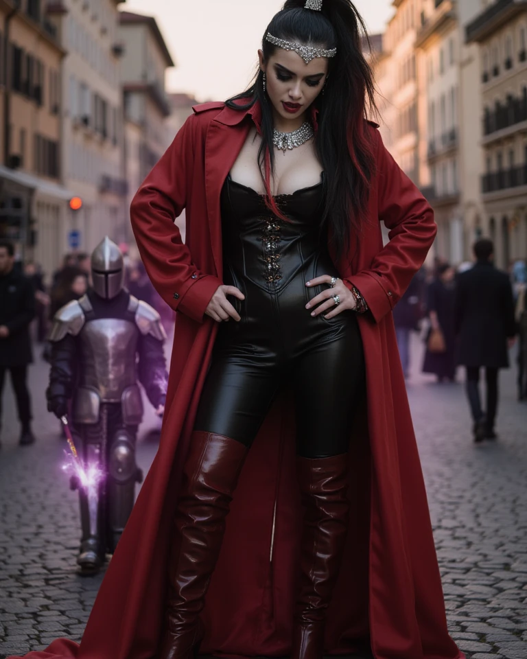 full body, a beautiful sexy sensual 25-year-old vampire woman with short black hair, pale skin, red lips, full breasts, thin waist, long shapely thighs, muscular athletic body, wearing a red jacket and black tight pants, black sleeveless leotard, hazy Victorian London dark street at night, front view, dynamic pose, ambient lighting, realistic photo, intricate facial detail, intricate hand details, highly detailed, vivid colors, cinematic, high definition, trendy Artstation