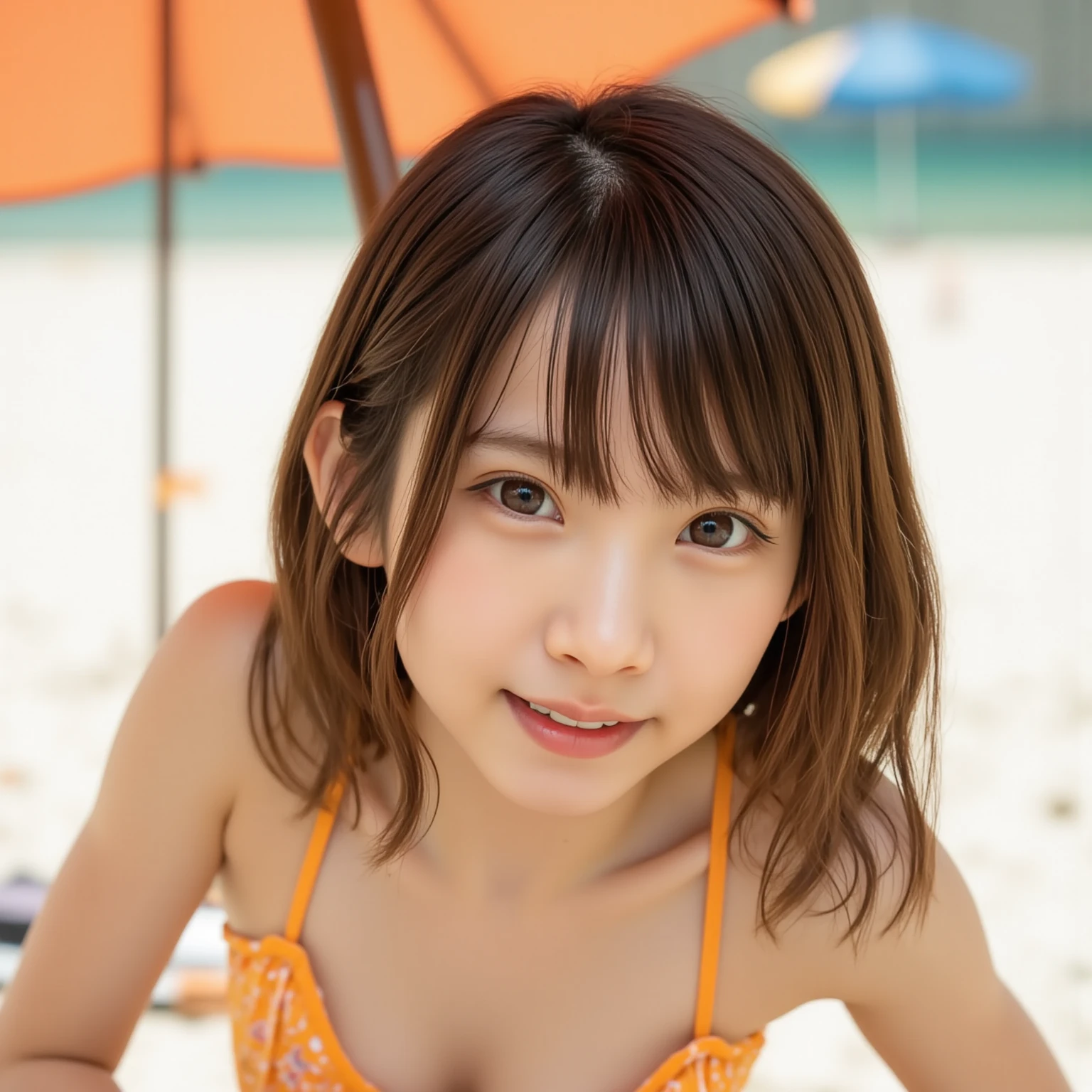 (Suzu Hirose:1.0)、Alafed woman in bikini standing on beach next to yellow bar,Respectable udder、 wearing two - piece swimsuit, attire: bikini of, Small bikini、Cute Bikini, Green Bikini, Opening legs, skinny waist and thick hips, Japanese Models, Swimsuit, wearing a swimming wear, swim wears, in bikini, photo of slim girl model, bikini model, model with attractive body