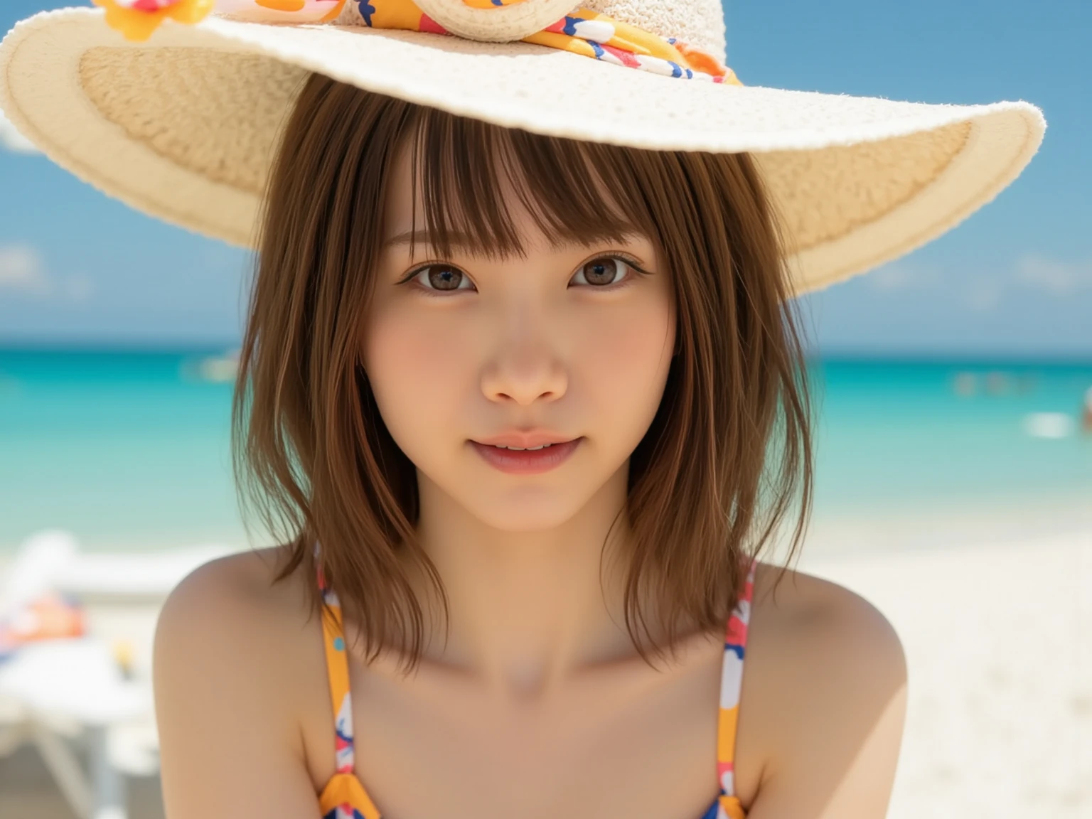 masterpiece,best quality,(Japanese ),((Beautiful girl)),cleavage,(perfect body beauty:1.2),(shy smile),beautiful teeth,(straw hat),(seaside),