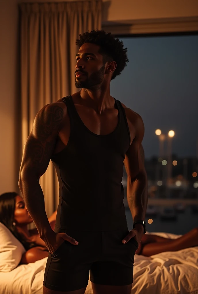 A man in black trunk underwear in bed room and were black tank top under vest