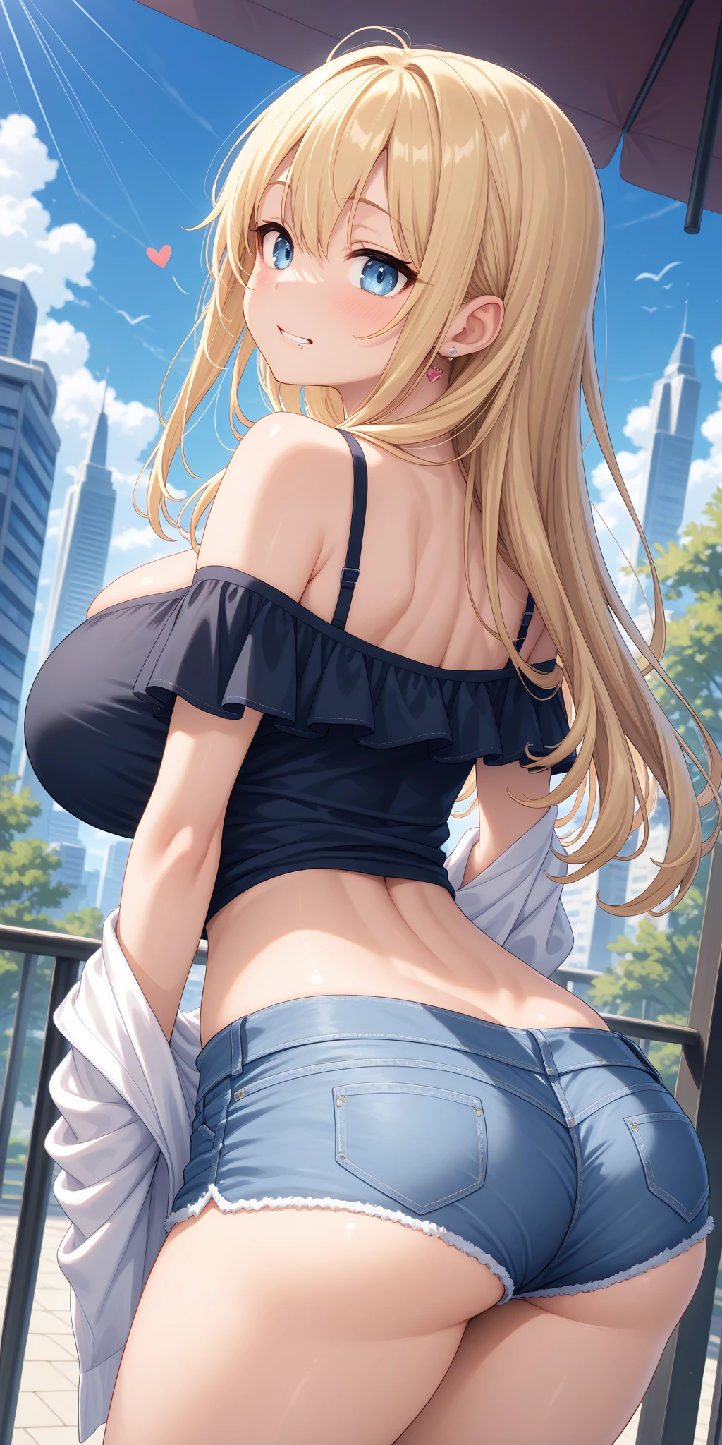 masterpiece, best quality, highly detailed, ultra high res, ayase arisa, ichinose asuna, 1girl, solo, light brown hair, blue eyes,very long hair,hair over one eyes, glossy lips, full lips, large breasts, city, rain, halter top, jeans, looking back at viewer