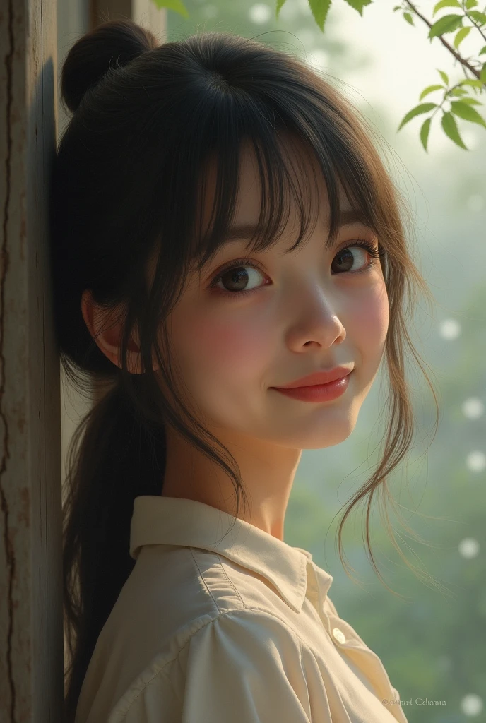 Highest quality, 超High resolution, (Realistic:1.4),Sunset Light, ponytail, Japanese women, Detailed Photos, smile, sexy, Black Shirt, To the camera, close (masterpiece: 1.3), (8k, Realistic, Highest quality: 1.4), (One girl), Beautiful Face, (Realistic Face), (Black Hair, short hair: 1.3), Beautiful hairstyle, Realistic eyes, Beautiful details in the eyes, (Realistic Skin), Beautiful Skin, (sweater), Absurd, Charm, 超High resolution, Ultra-realistic, High resolution, Golden Ratio