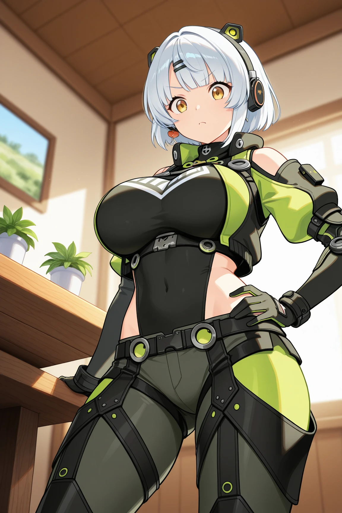 A girl with short white hair with green eyes and who is smiling and with tattoos and wearing submissive clothes