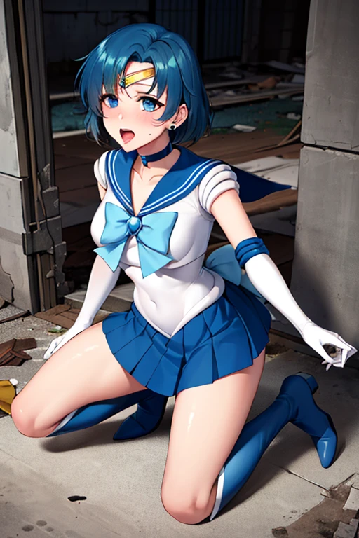 Sailor Mercury Transformation heroine of justice Patent leather white leotard Patent blue boots Wrinkled boots Enamel White Gloves Patent blue mini skirt A clean image Gold decoration Exquisitely decorated costume justice ponytail Semi-long hair hair ornaments A smile of embarrassment Squint your eyes Jockey Boots Push out your hips Spread your legs Poop sitting Full body paint Put your hands on your crotch Armpits are visible Knee-length long boots barefoot The body is covered in . Open your legs Bend your knees Peeing White liquid overflowing from between her legs Sweaty Leotard is wet and skin is visible Soaking in the swamp Soaking wet