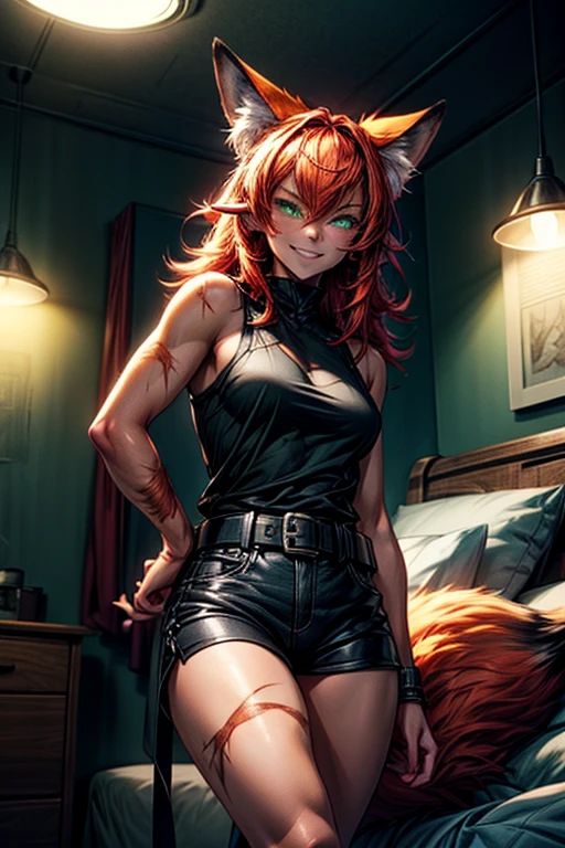 (best quality,4k,8k,highres,masterpiece:1.2),sexy fox girl,(fox snout,fox ears,goth style,punk hair,dark makeup,alluring green eyes,fiery-orange fur),wild and untamed expression,dangerous beauty,fiery-orange tail,fierce attitude,black leather choker,studded bracelets,ripped fishnet stockings,edgy outfit with corset,dark and mysterious forest background,ethereal glow from moonlight,soft shadows and highlights,gothic color palette with deep purples and dark greens,subtle smoky eye makeup,confident pose with hands on hips,purple highlights in the hair,playful and mischievous expression,expressive and captivating eyes,black eyeliner and mascara enhancing the allure,subtle glowing tattoos on the arms and legs,slightly tousled punk hairstyle with vibrant streaks ,punk-inspired hair adding an edge,bold choice of jewelry and accessories to complement the goth aesthetic,she exudes both sensuality and strength,creating an intriguing and captivating presence,well-toned abs