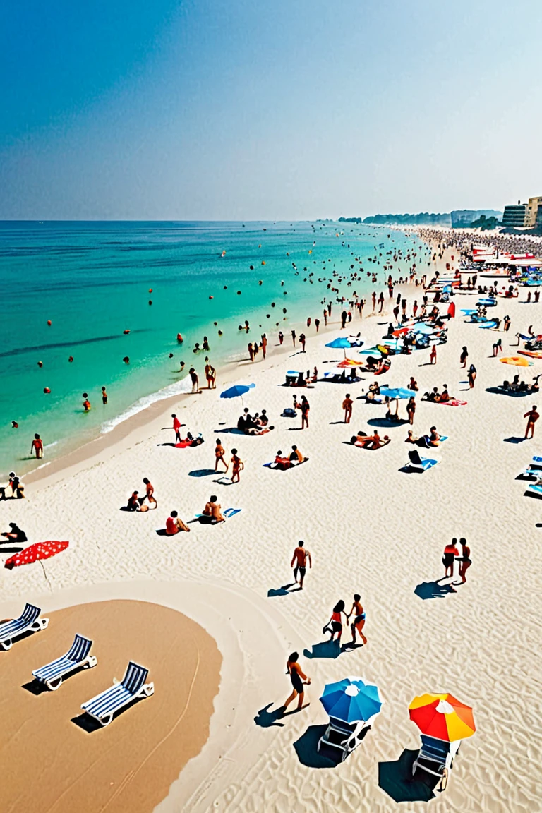 People swim in the clear blue water of the beach, Plage de Varadero, Aruba, Plage de sable blanc, Plage de sable blanc, Caribbean white sand, Caribbean turquoise water, eau bleue cristalline, crowded beach, Plage au premier plan, Mer cristalline, eau bleue claire, eau cristalline, belle plage, Un plan large et complet, Cuba, Floride