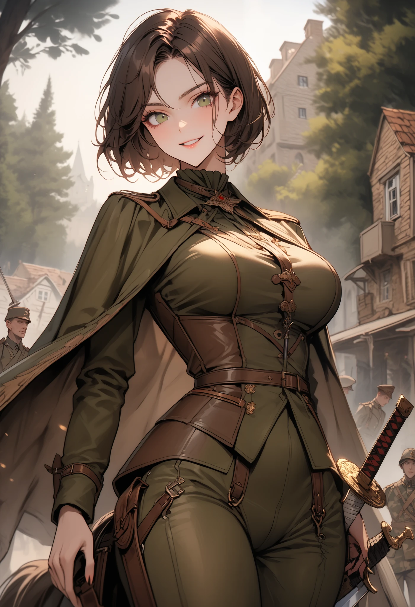 solo focus, female, exceptionally tall, closeup, short hair, extremely tall female, broad shoulders, very large breasts, muscular, slim waist, wide smile, uniform, cape, forest, looking at viewer, cowboy shot, looking down, perfect, best quality, wealthy, fantasy, Victorian, strong, feminine, superhuman, looking at viewer, flared-hip_riding_breeches, jodhpurs, closeup, arquebus, olive drab, helmet, sword, brown hair, dark green eyes, solo, sword, broad shoulders:1.3, leather, ww1, antique, camouflage, dynamic, rural town, aristocratic, horse