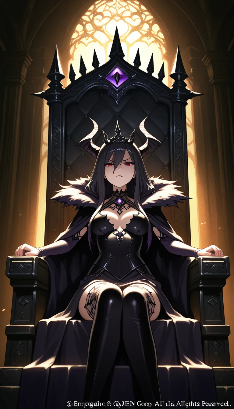 Shonen manga anime style, evil grey colored skin thick mature woman queen with big boobs, with long grey and black hair wearing a crown while sitting in her spiky red and black castle throne