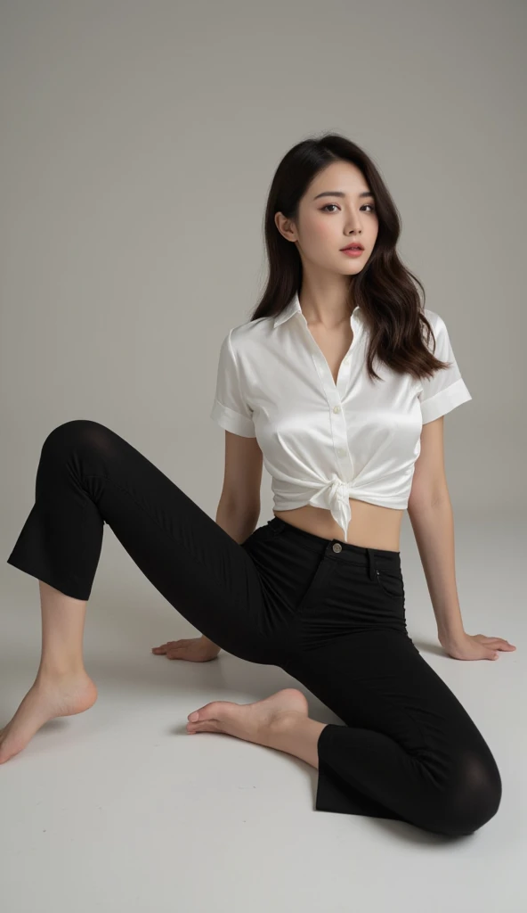 Malay Girl sees the ghost and pees her black culotte pants until her pants are wet in fright.