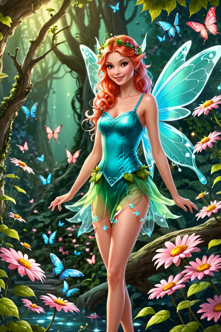 a picture of a jungle fairy, an extraordinary beautiful, elegant beauty, divine beautiful fairy, ((anatomically correct: 1.5)) spread butterfly wings, colorful wings, pink eyes, glowing eyes, ultra detailed face, best detailed face,  blond hair, rich hair, wavy hair, glamour dress, wild dress, dress decorated with jungle flowers,  sitting on massive heliconia tree the rain forest, sun rays coming through the trees, Hyperrealism style, vibrant, Ultra-high resolution, High Contrast, (masterpiece:1.5), highest quality, Best aesthetics), best details, best quality, highres, ultra wide angle, 16k, [ultra detailed], masterpiece, best quality, (extremely detailed) RAW, Cinematic Hollywood Film style, FairyTaleAI, fairy wings,