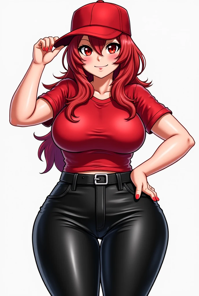 1girl, solo, breasts, smile, long_hair, red_eyes, red_hair, shirt, short_sleeves, jewelry, large_breasts, earrings, belt, pants, looking_at_viewer, (Flawless_detail)