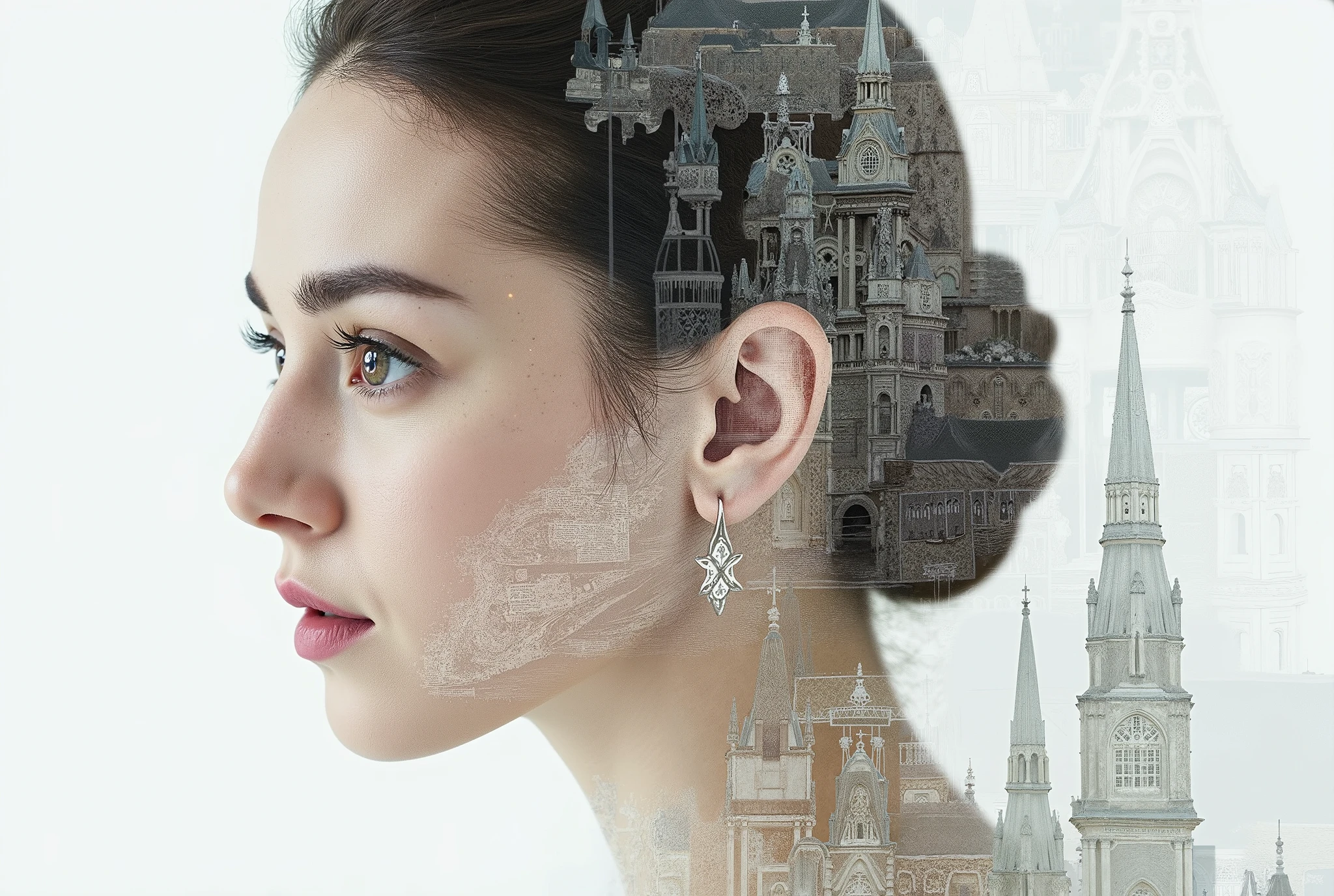 Double exposure portrait of a regal queen merging with the blueprint or skeletal structure of a deserted palace, creating an Architectural Ghostly Imprint. Use faded, spectral tones of pearlescent white and pale rose to suggest the passage of time and memory --ar 3:2