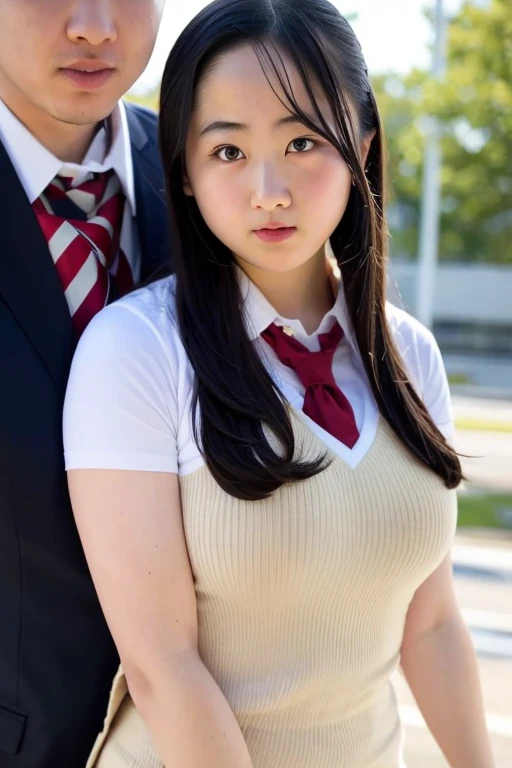 1 schoolgirl, 10-year-old, sit in lap, old man, 2 people, big breasts, the park, unbutton shirt, nude