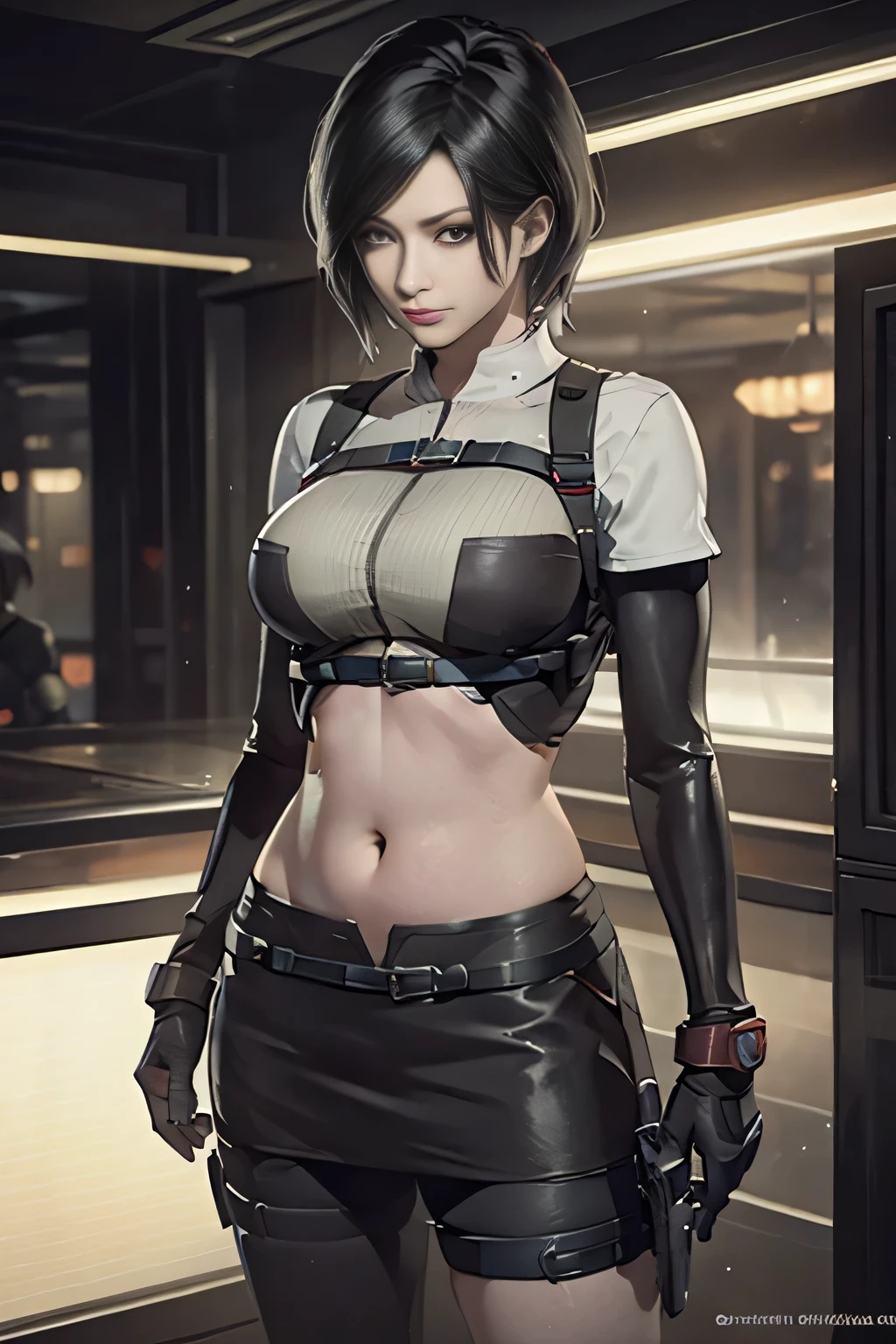 (Resident Evil Ada1.5),(Ada,cool lady),expensive,plump breasts,Has a well-proportioned body shape,{{{chopped}}},Japanese warrior,warrior armor,woman warrior,{{{cyberpunk city}}},expensive home,{{{neon light}}},best quality,cyberpunk city,warrior