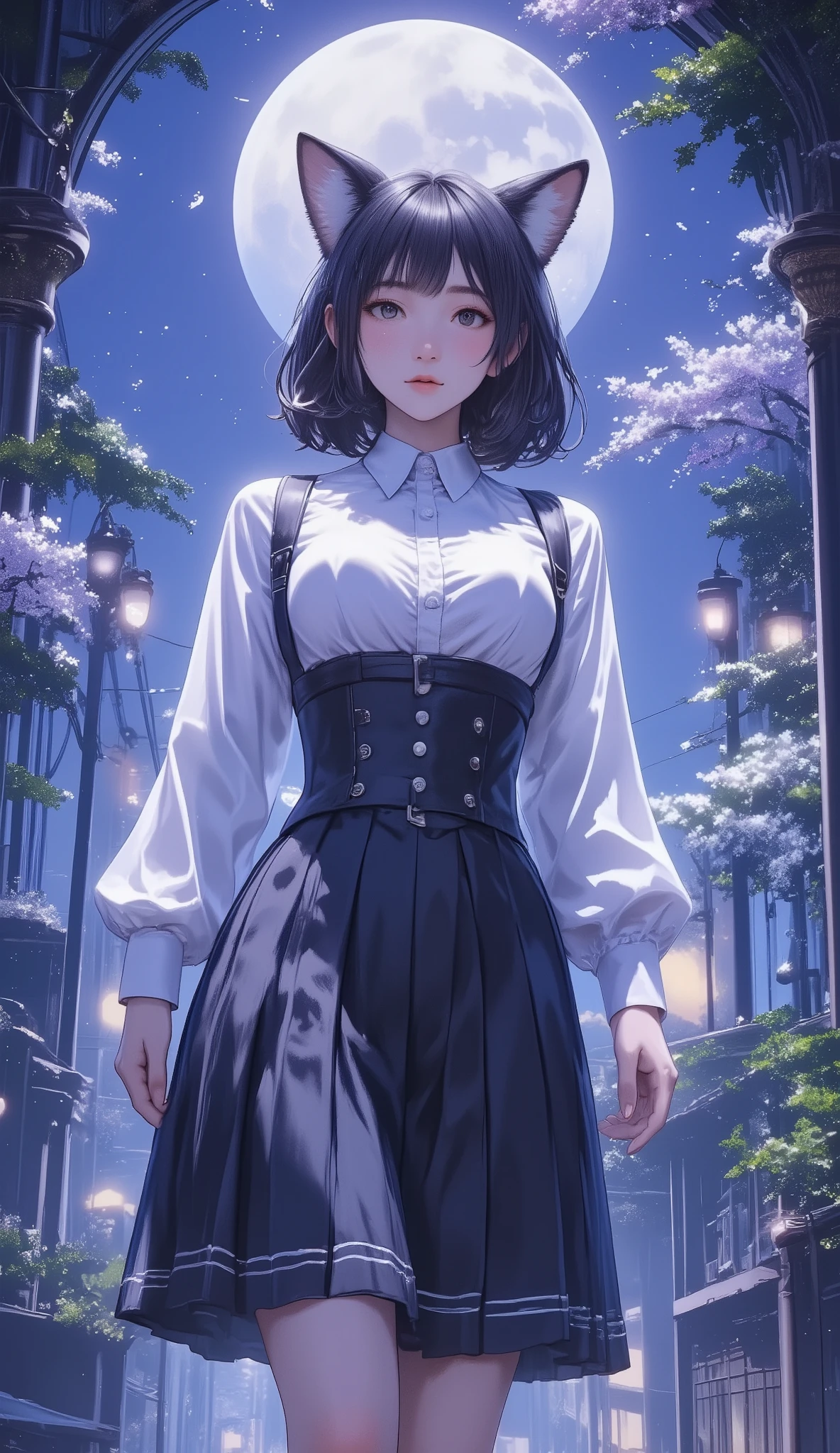 &Quotes;((Best Quality)), ((masterpiece)), Highest quality), (((masterpiece)))、((Highest quality))、(very detailed)、(CG illustration)、(so beautiful ))、 Cinematic Light 、(((mid night, moon night:1.9))), sakura, Cherry blossom trees, ((( 1 high school girl under 桜並木, wearing Japanese high school uniform:1.9)))、 SF、Apocalypse、Erotic and grotesque、graduate School(Beautiful and luxurious:1.2)、(1 girl:1.3)、face the front, Full Body Shot , ((big breasts:1.2), (Big Breasts:1.2), (raised and crisp bust:1.2), (lifts the chest:1.2), (Perky breasts :1.2), (Deep cleavage :1.4), ( double breasted,Underbust:1.2), button gap with,((( CORSET BELTS ))),(((high waist skirt,))), (fox ears girl:1.7)),
