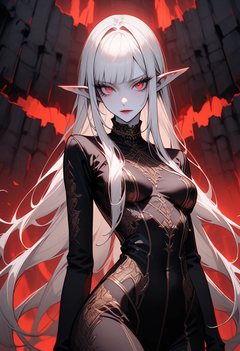 (masterpiece, best quality:1.2), 1girl, solo, demon, white hair, 2 horns, black and red eyes.