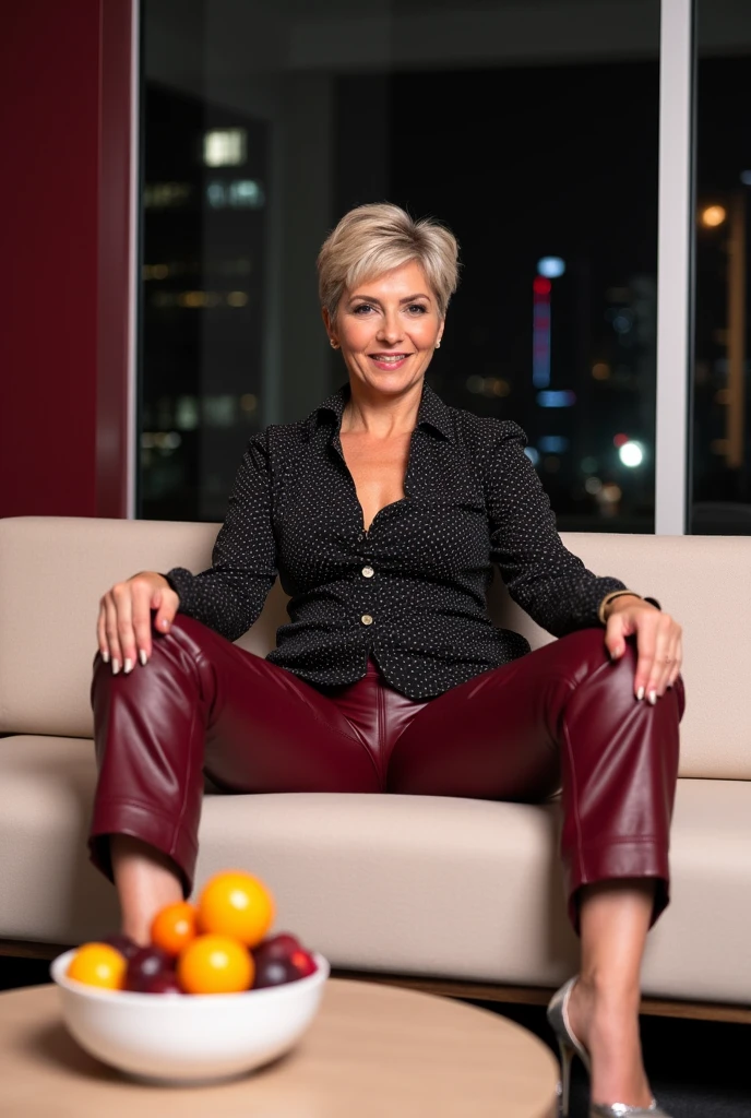 a glossy liquid-lacquered white leather leggings worn by a wrinkled face androgynous senior mature with intense makeup and massive much eyeshadow, intense deep and wide lot of eye shadow, smoky eyes, sits with legs wide apart on the chesterfield lounge in a open cafeteria with palm trees, with cappuccino, wearing a stretchy black latex diapers, thai and filipino women fill the cafe in the background, also wearing a transparent brown shimmering satin blouse with loose open black latex apron and with tie