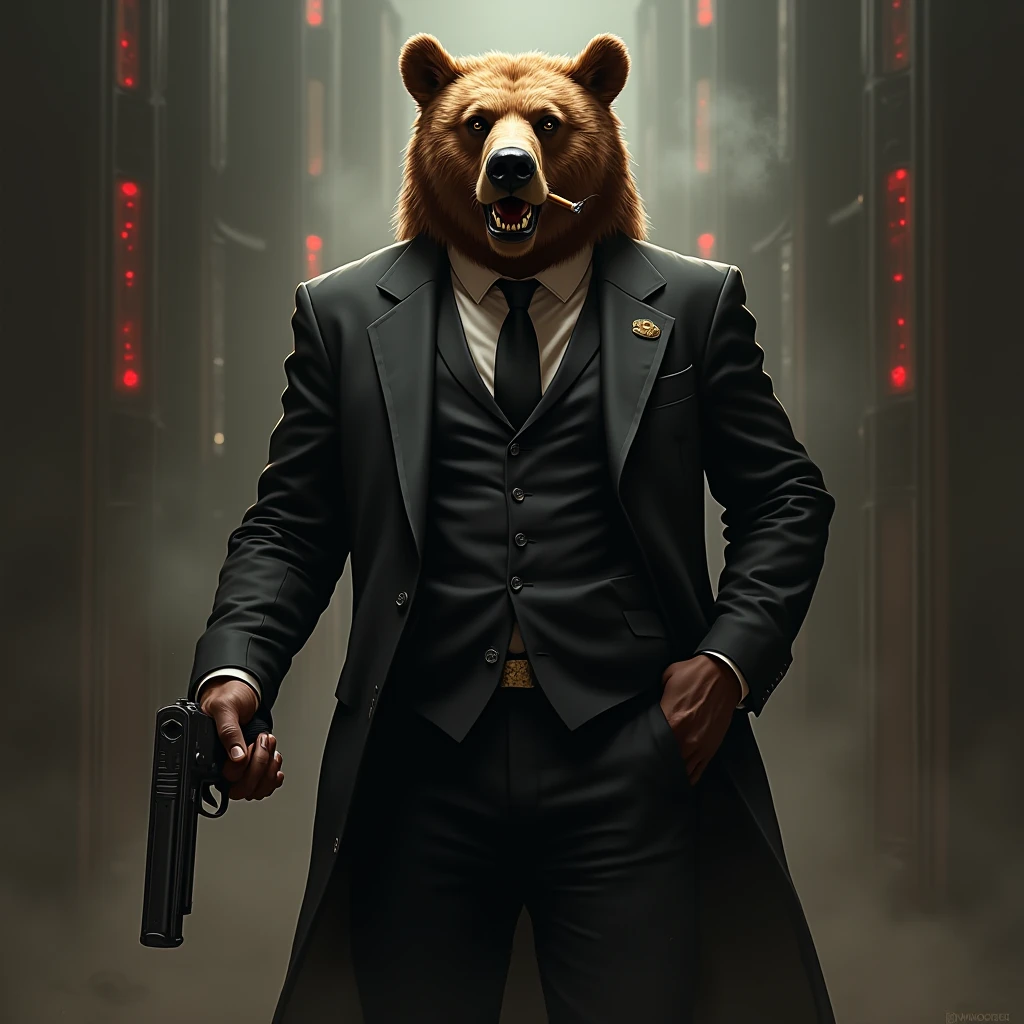 there is a bear in a suit and tie with a hat on, portrait of anthropomorphic bear, by Simon Ushakov, man bear pig, inspired by Alexander Deyneka, stylized digital art, by Hristofor Zhefarovich, digital art animal photo, in style of digital illustration, by Nikita Veprikov