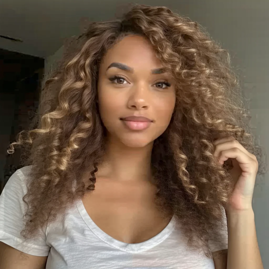 Woman with big curly blonde hair taking a photo of herself in a mirror Instagram photo style 
