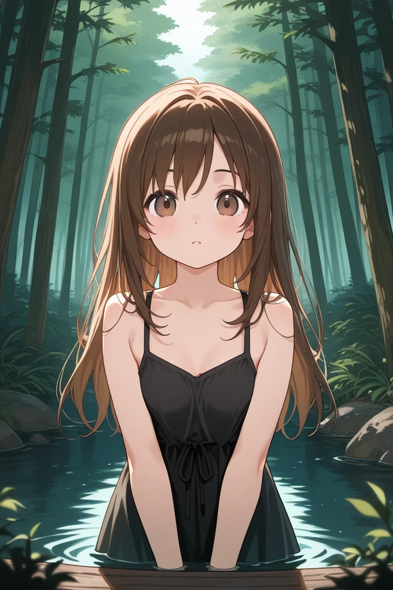 Fantasy art、((masterpiece,best quality anime,Highest quality:1.3)),realistic,portrait,1woman,(Mature Beauty),((very small head:1.4)),((very long body:1.3)),long hair,black hair,bangs,(gorgeous big eyes),black eyes,((slender body:1.3,skinny:1.2)),medium breasts,(Red Bikini、red loincloth),navel,Brown leather gauntlets、walk,Mountaineering、Rugged mountain path、sunny、forest、Trees、A world of magic and fantasy、