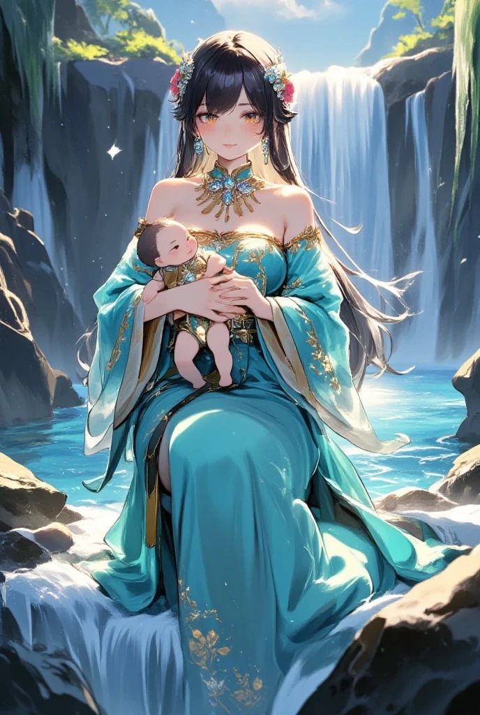{{masterpiece, best quality, extremely detailed CG, unity 8k wallpaper, cinematic lighting}}, traditional Chinese ink painting, 1girl, 1baby, young woman holding a baby, full body, ancient architecture, blue sky, sunny day, wooden architecture, prominent protagonist, smile, big eyes, beautiful detailed eyes, (big breasts, cleavage), round ass, looking at the audience, long eyelashes,