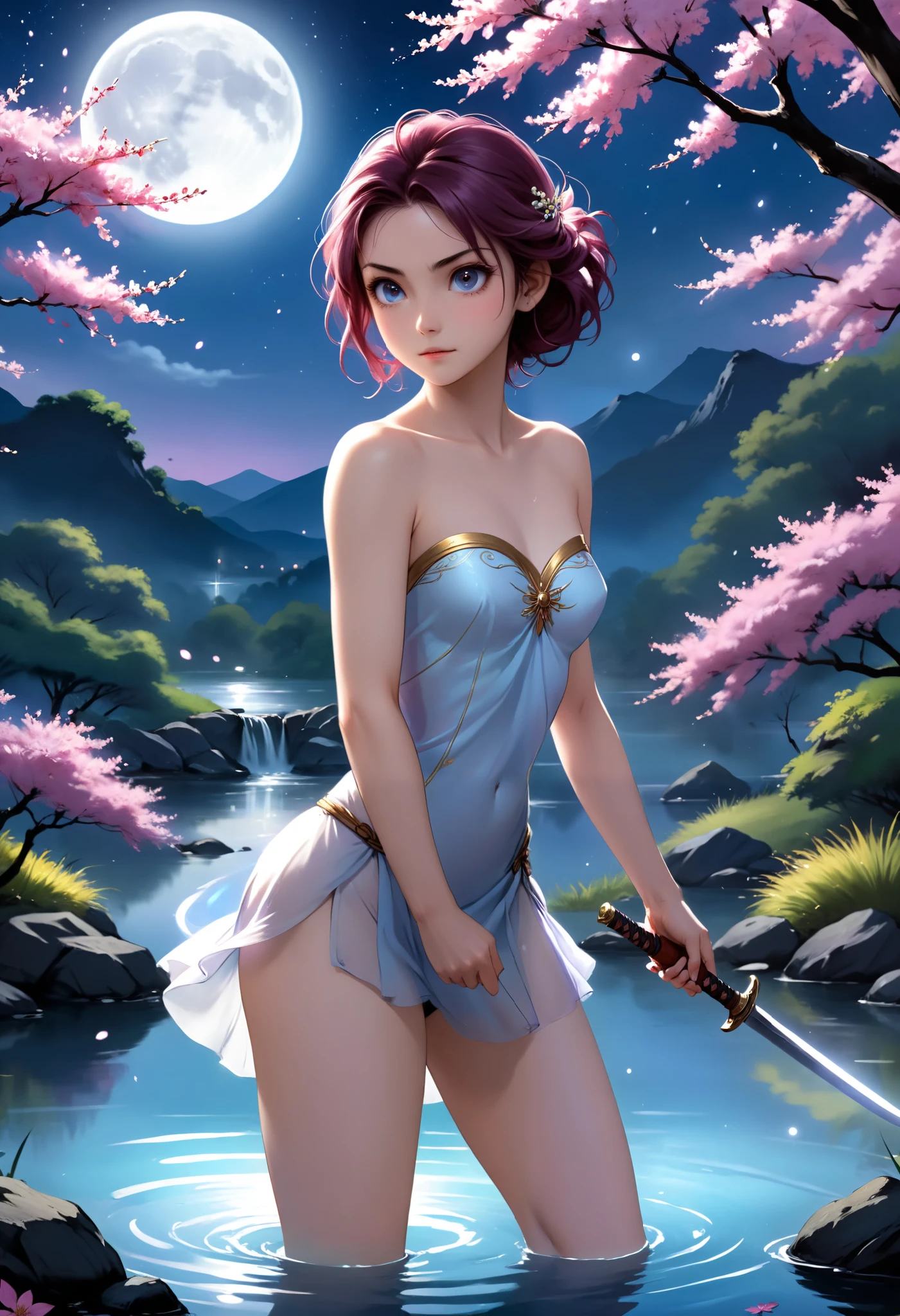 Classic painting, like 18 century drawing, chiaroscuro, (Hoshimi Miyabi from Zenless Zone Zero), gentle beautiful woman, in mystic sakura garden near the lake, messy hair, fighting with a long two-handed sword, no makeup, cute detailed face, beautiful eyes, perfect bright eyes, full body, dinamic pose, in battle, full nude, perfect anatomy, high quality, magical aesthetic, fantasy aura, moonlight, elegant, approaching perfection, blured background of mystical night, water splashes, bare sleeves, bare shoulders, small breasts