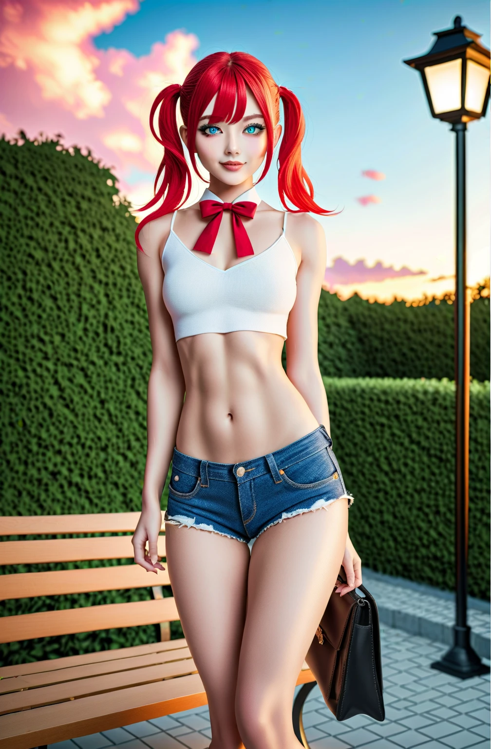 very detailed full body photo, + (gorgeous slim body) cosplayer wearing full Jinx Starkeeper outfit Angry face in high definition, beautiful face + (Jinx red hair Red Star Guardian) + (red color eyes) plastic kitten ears + (wearing red color shorts), standing leaning against a balcony + ( white color balcony ) , in the background a city at night + (gray color buildings)